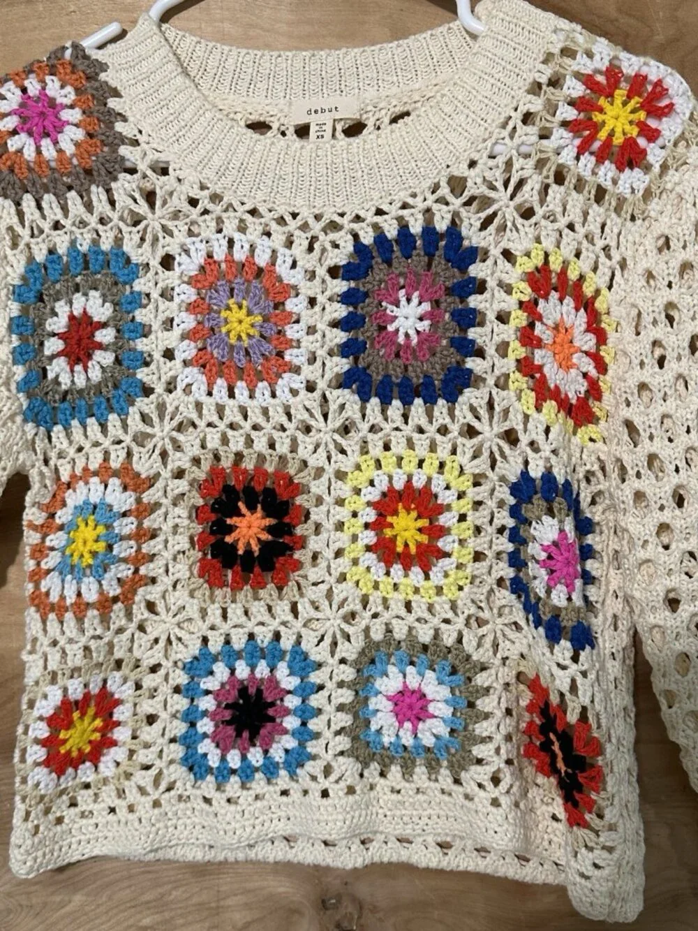 Debut Granny Square Crochet Pullover Sweater Cropped Open Knit Cream Flower XS